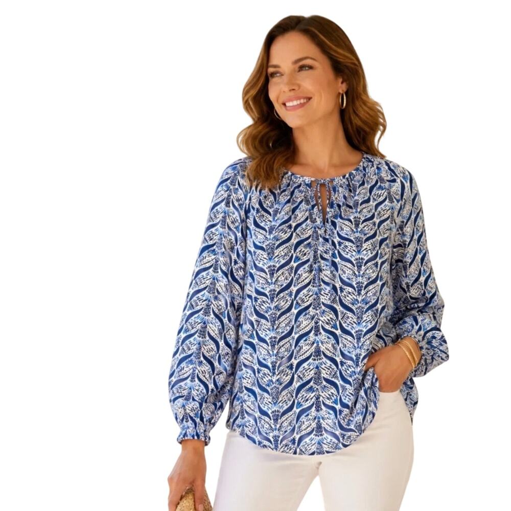 Lilly Pulitzer Merrmaid Tail Willa Top Blue & White Long Sleeve Blouse Top M